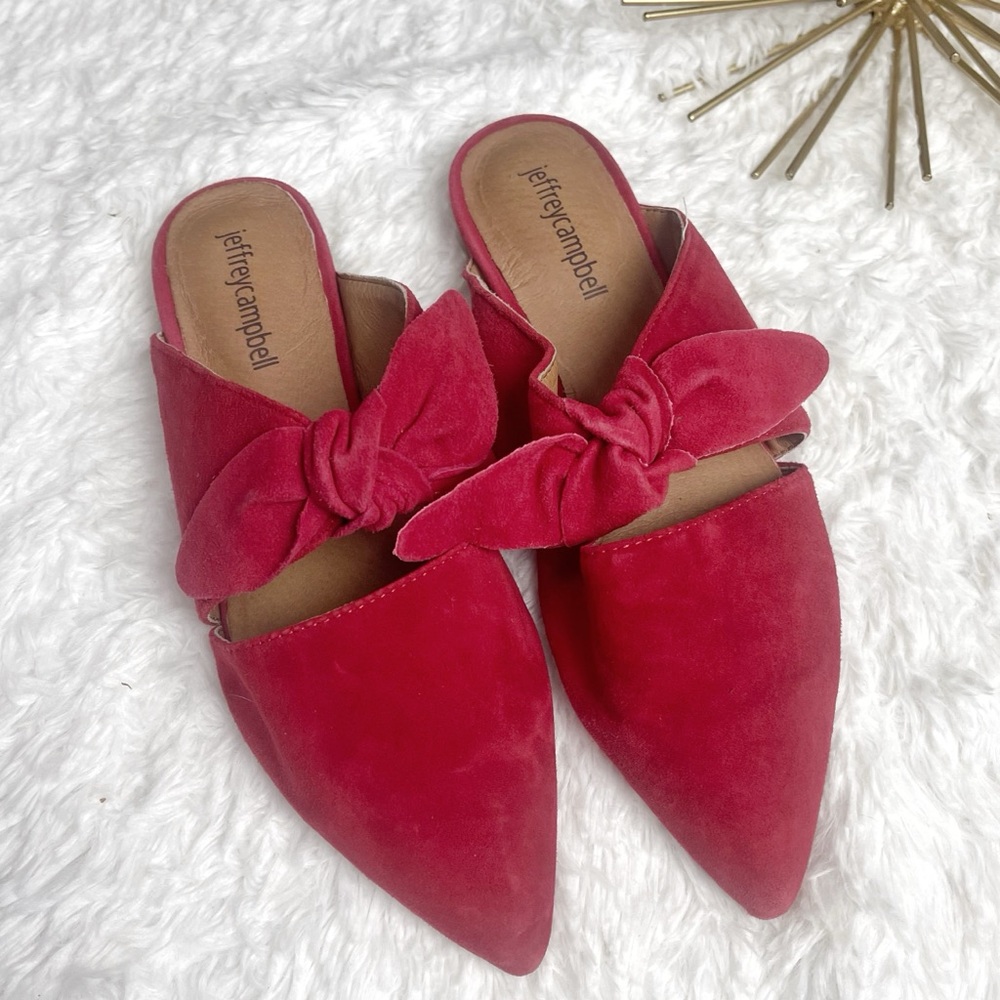 JEFFREY CAMPBELL Carlin Mules Bow Red Suede Clogs Slip Ons Backless Flats 6.5